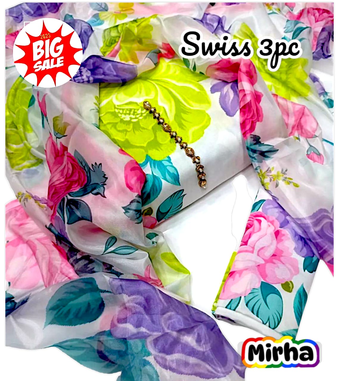 JMC - 3 PC DIGITAL PRINTED SWISS SUIT -Sw016