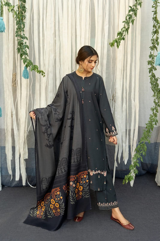 Urge - 3 PC Dhanak Embroidred Suit With Pashmina Twill Shawl - JM1377