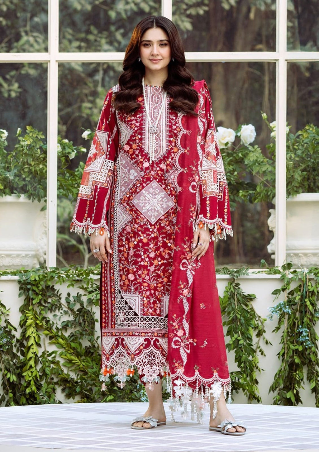 BIN ILYAS -3PC Lawn Embriodered Shirt With Bamber Chiffon Duppata-JM76