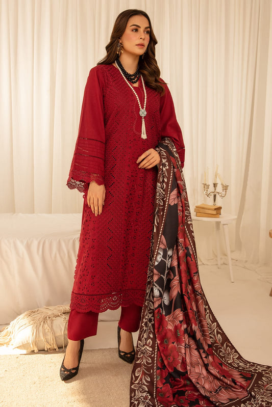 DeCLARE - 3 PC Dhanak Embroidred Suit With Digital Printed Twill Wool Shawl - JM1375