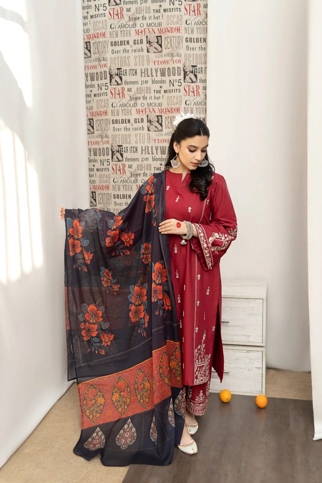 Urge - 3 PC Dhanak Embroidred Suit With Digital Printed  Twill Wool Shawl - JM1376